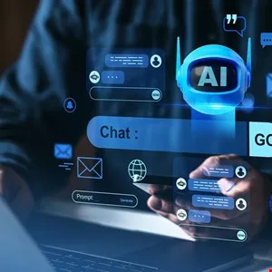 Person using laptop with AI chatbot interface overlayed on screen.
