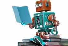 Retro-style robot sitting on books, reading a blue book against a white background.