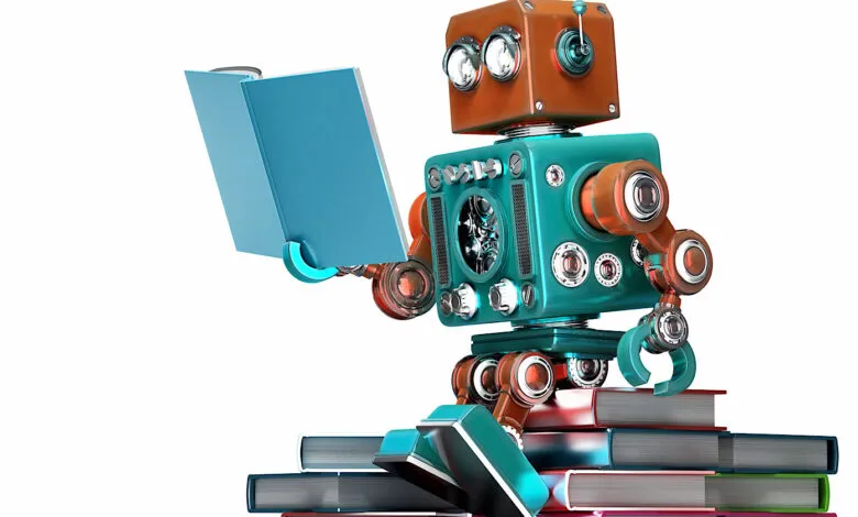 Retro-style robot sitting on books, reading a blue book against a white background.