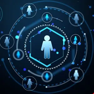 Abstract network of interconnected human figures on a dark blue background.