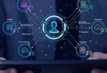 Person holding tablet displaying AI agent network with connected icons.