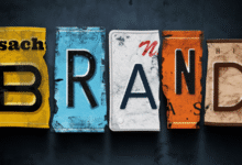 The word 'BRAND' spelled out with license plates in different colors.