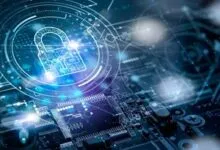Digital padlock icon overlaid on a circuit board, symbolizing cybersecurity.