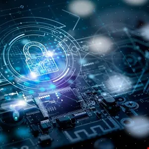 Digital padlock icon overlaid on a circuit board, symbolizing cybersecurity.
