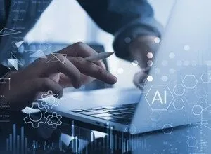 Person using laptop with AI graphics overlay, focusing on hands and screen.