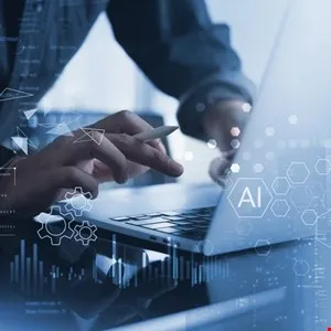 Person using laptop with AI graphics overlay, focusing on hands and screen.
