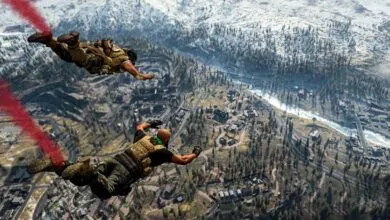 Two soldiers parachute over a snowy mountain landscape with red smoke trails.