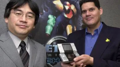 Shigeru Miyamoto and Reggie Fils-Aimé holding a Nintendo DS.