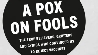 Black circle with white text reading 'A Pox on Fools' and a statement about rejecting vaccines.