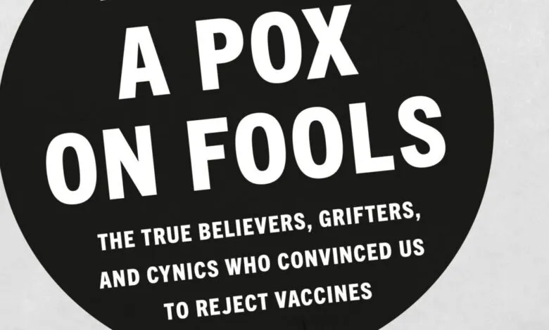 Black circle with white text reading 'A Pox on Fools' and a statement about rejecting vaccines.