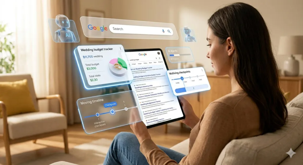 Woman using a tablet with Google search and AI features displayed.