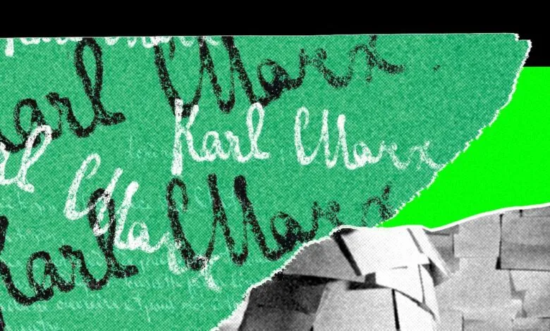 Torn green paper with 'Karl Marx' written over a stack of papers.