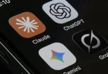 Smartphone screen showing AI assistant apps: Claude, ChatGPT, Gemini, Grok.