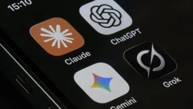 Smartphone screen showing AI assistant apps: Claude, ChatGPT, Gemini, Grok.