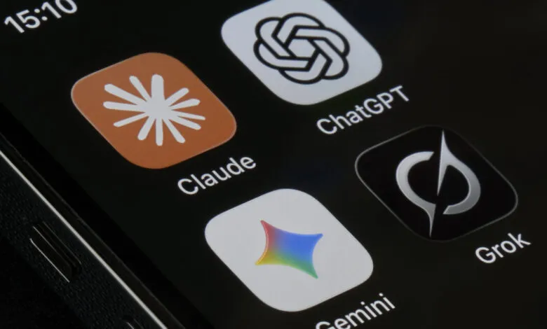 Smartphone screen showing AI assistant apps: Claude, ChatGPT, Gemini, Grok.