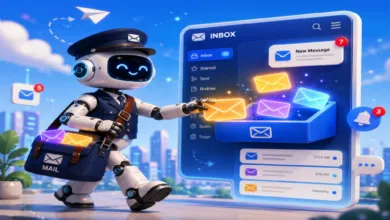 Robot mail carrier delivering emails to a digital inbox.