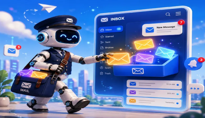 Robot mail carrier delivering emails to a digital inbox.