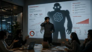 Business meeting with AI report, man overshadowed by robot shadow.