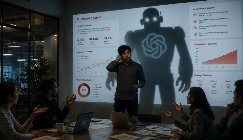 Business meeting with AI report, man overshadowed by robot shadow.