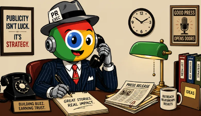 Chrome logo character as a PR executive at a desk, cartoon style.