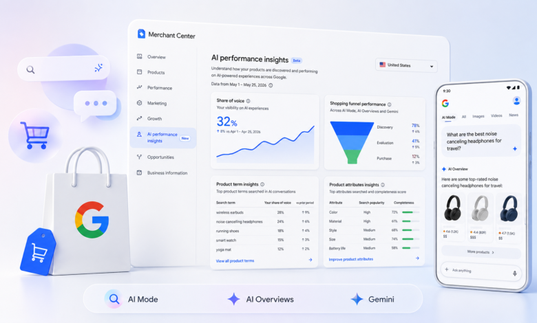 Google Merchant Center AI performance insights dashboard on desktop and mobile.