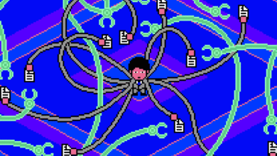 Pixel art of a person connected to files and tools by cables.