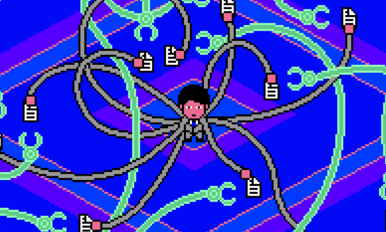 Pixel art of a person connected to files and tools by cables.