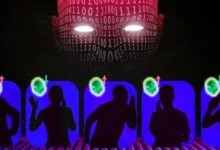 AI debt collector concept with binary code face and silhouette figures.