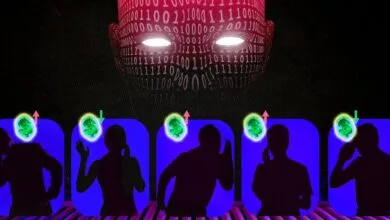 AI debt collector concept with binary code face and silhouette figures.