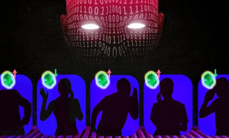 AI debt collector concept with binary code face and silhouette figures.