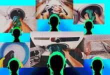 Abstract collage of laundry tasks with silhouetted figures on a bright blue background.