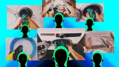 Abstract collage of laundry tasks with silhouetted figures on a bright blue background.