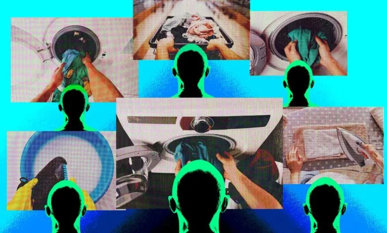 Abstract collage of laundry tasks with silhouetted figures on a bright blue background.