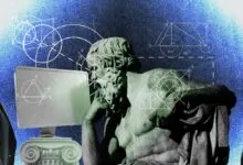 Statue contemplates computer screen with geometric diagrams, people watch.