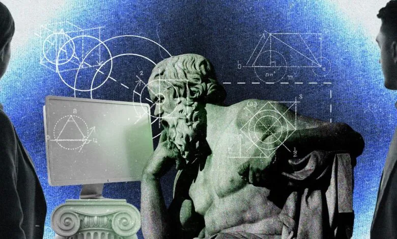 Statue contemplates computer screen with geometric diagrams, people watch.