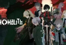 Anime-style characters pose in a group shot with glitching effects and a dark, futuristic backdrop.