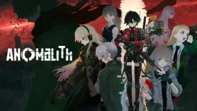 Anime-style characters pose in a group shot with glitching effects and a dark, futuristic backdrop.