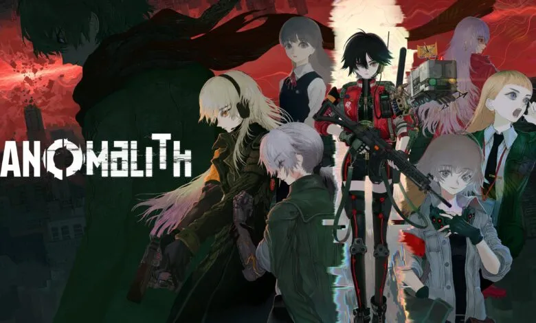 Anime-style characters pose in a group shot with glitching effects and a dark, futuristic backdrop.