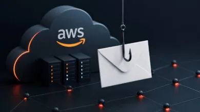 AWS cloud with email on a hook, representing phishing attacks.