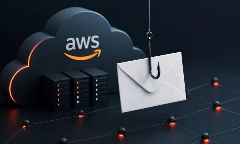 AWS cloud with email on a hook, representing phishing attacks.
