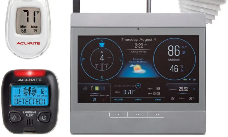 AcuRite weather station displaying temperature, wind, lightning detection, and forecast.
