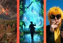 Triptych of diverse scenes: erupting volcano, fantasy waterfall, and person with a gun.