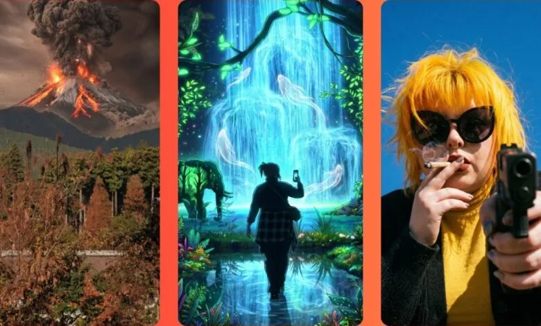 Triptych of diverse scenes: erupting volcano, fantasy waterfall, and person with a gun.