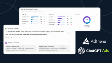 Adthena's ChatGPT Ads platform showing competitor ad analysis and project suggestions.