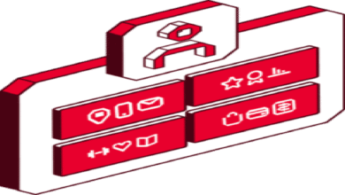 Isometric interface with user profile and various function icons.