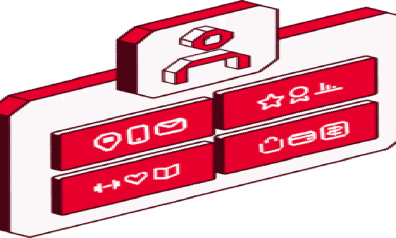 Isometric interface with user profile and various function icons.