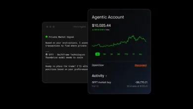 Agentic trading platform interface showing account details and market signals.