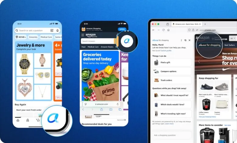 Amazon shopping app interface showcasing Alexa integration on phone and tablet.