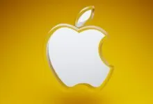 Apple logo with a bite taken out, white on a yellow background.