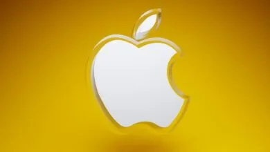 Apple logo with a bite taken out, white on a yellow background.